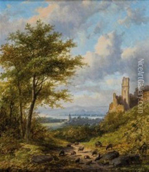Schafherde In Sommerlicher Landschaft Mit Ruine Oil Painting - Jan Evert Morel the Younger