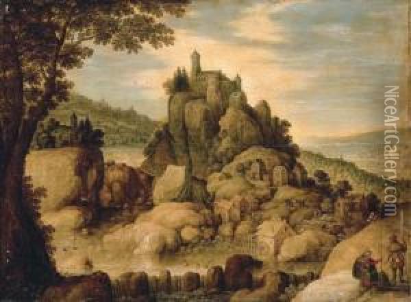 An Extensive Rocky River Landscape With Pilgrims Resting On A Path Oil Painting - Marten Ryckaert