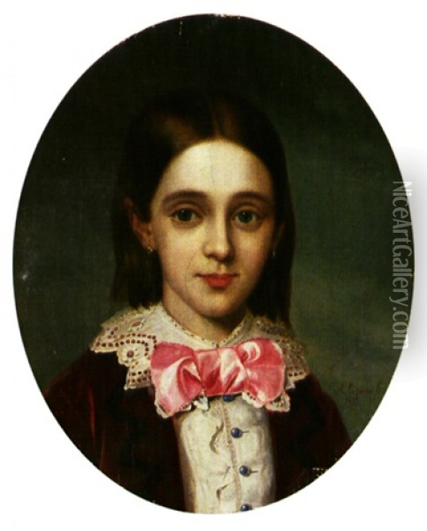 Nina Con Lazo Rosa Oil Painting - Antonio Maria Esquivel Suarez de Urbina