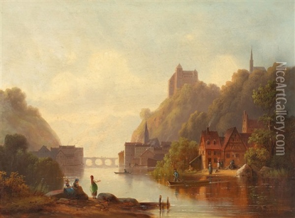 Flusslandschaft Mit Dorf Und Burg Oil Painting - Anton Doll