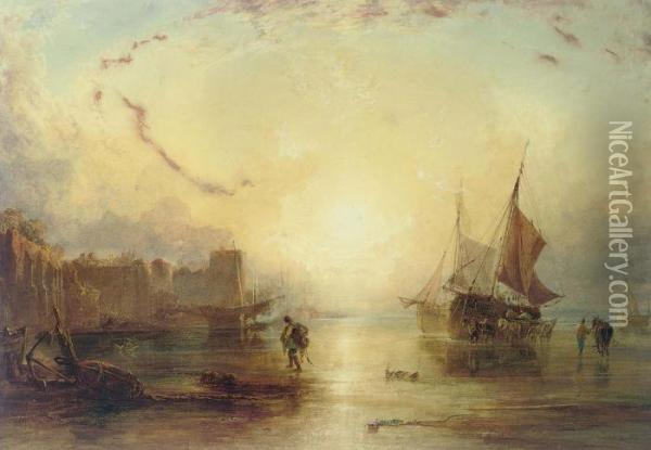 Unloading The Catch At Dusk Off A Fortified Port Oil Painting - Anthony Vandyke Copley Fielding