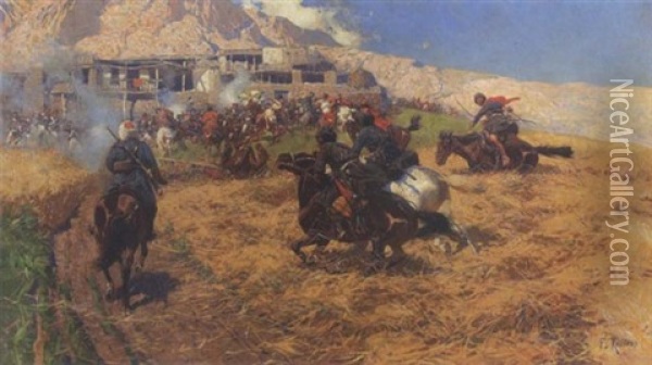 Reitergefecht Vor Kaukassicher Festung Oil Painting - Franz Roubaud