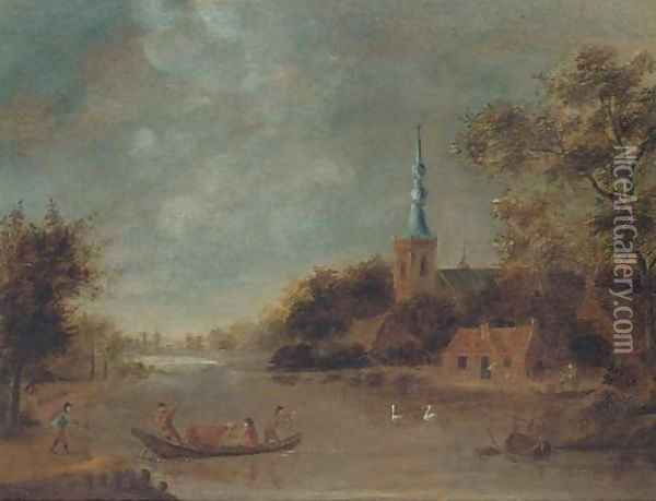 A landscape with drovers crossing a river by boat, a church beyond Oil Painting - Govert Dircksz. Camphuysen