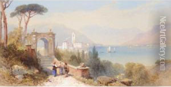 Italian Lake Scene Oil Painting - Thomas Leeson Rowbotham