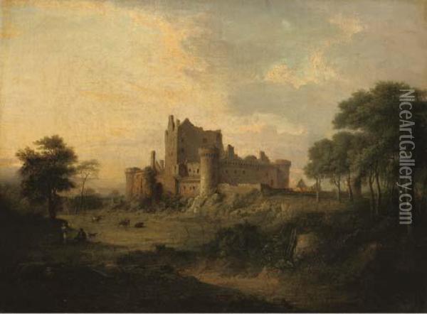Castle Ruins In A Landscape With Figures And Cattle In The Foreground Oil Painting - Patrick, Peter Nasmyth