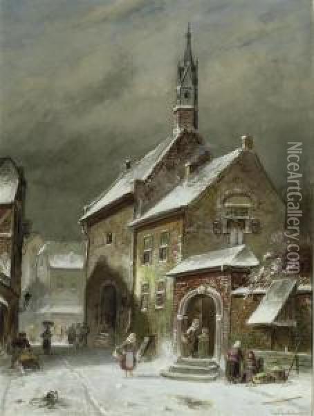 A Snow Covered Town With Numerous Figures Oil Painting - Charles Henri Leickert