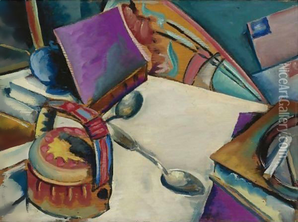 Tabletop Still Life Books And Teapot Oil Painting - Preston Dickinson