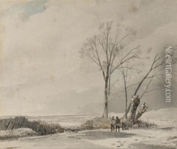 A Winter Landscape With Conversing Sportsmen Oil Painting - Wijnandus Johannes Josephus Nuijen