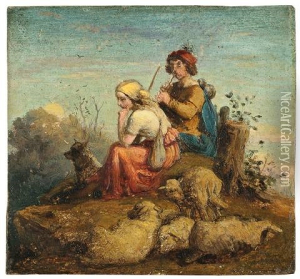 Schaferpaar Bei Mondaufgang Oil Painting - Ludwig (Adrian) Richter