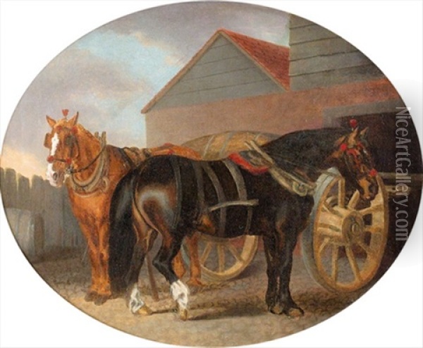 Carthorses In A Brewers Yard Oil Painting - Thomas Gooch