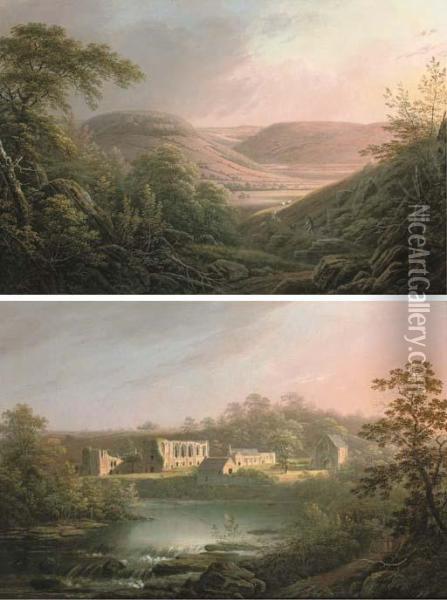 View From Marske Edge; And View Of Easby Ruins Oil Painting - George Cuitt
