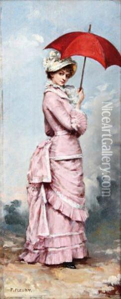 Elegante A L'ombrelle Rouge Oil Painting - Fanny-Laurent Fleury