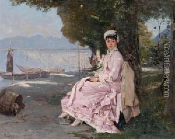 Promenade By The Shore With A Fine Lady In A Pink Dress. Oil Painting - Francois Bocion