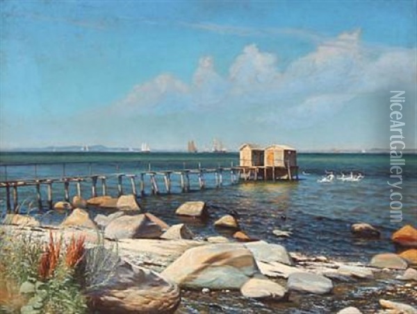 Coastal Scene With Bathing Boys Oil Painting - Emil August Theodor Wennerwald