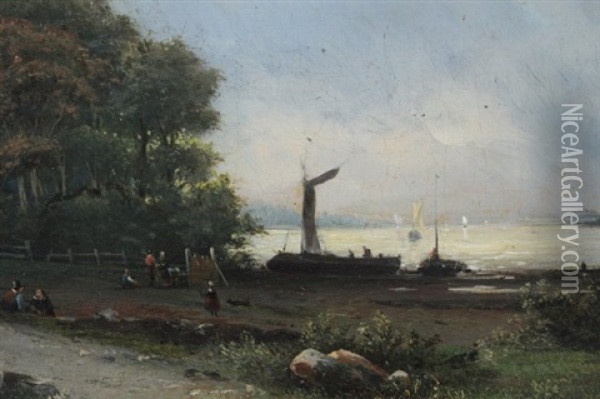 Waterside Oil Painting - Julius Jacobus Van De Sande Bakhuyzen