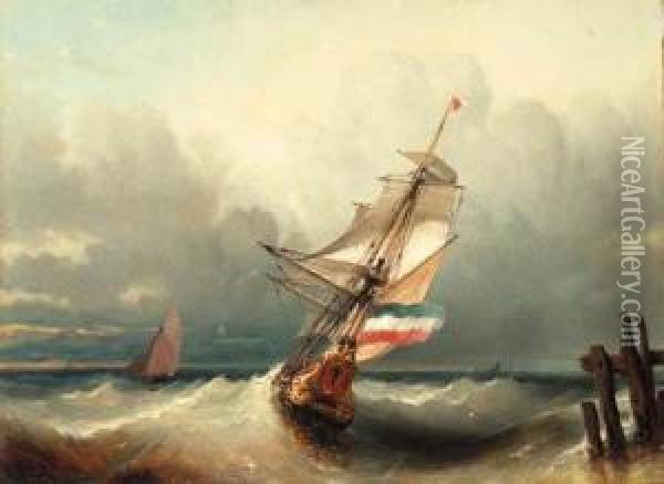 A Dutch Ship Sailing Out
Oil On Canvas Oil Painting - Albert Van Beest