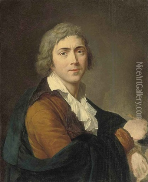 Self-portrait Of The Artist In A Brown Coat And A Brush In His Right Hand Oil Painting - Francois Guillaume Menageot
