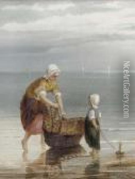 A Mother Crabbing With Her Child Oil Painting - William Raymond Dommersen