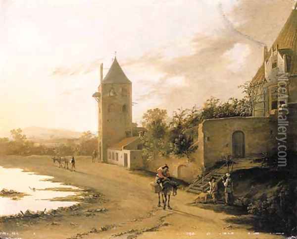 An Italianate landscape with travellers on a path before the Plompetoren, Utrecht Oil Painting - Jan Both