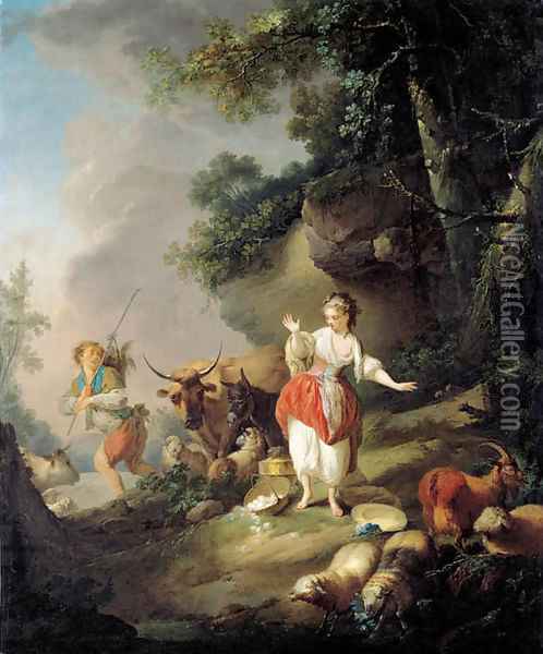 Les oeufs casses A shepherdess startled by a drover and his cattle in a pastoral landscape Oil Painting - Jean-Baptiste Huet