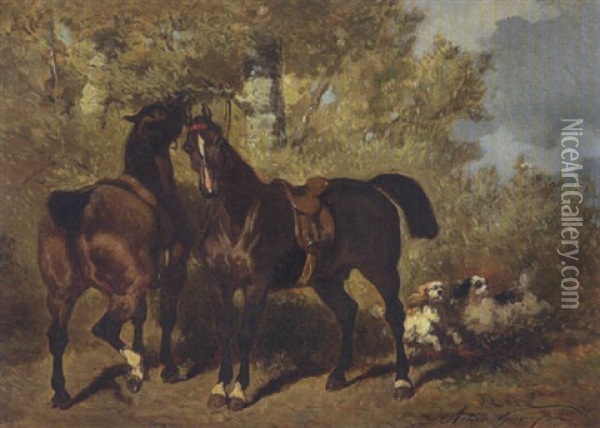 Zwei Braune Pferde Oil Painting - Achille Giroux