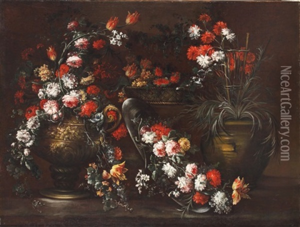 Stillleben Mit Blumen (+ Another; Pair) Oil Painting - Margherita Caffi