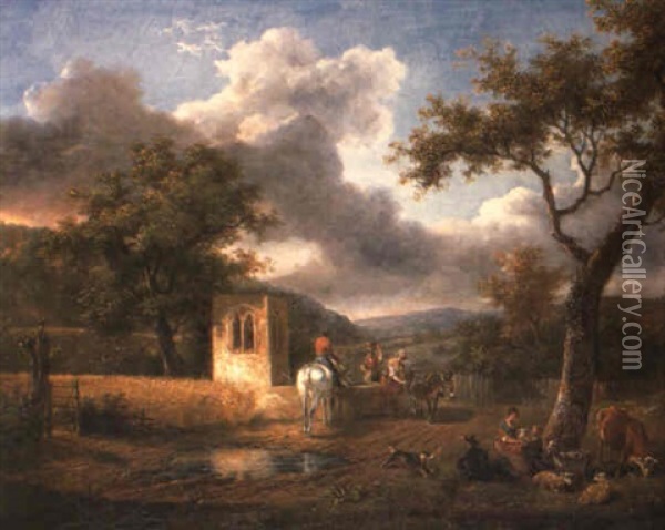 An Extensive Landscape With A Peasant Family And Their Livestock Oil Painting - Jean-Louis Demarne