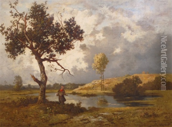 Landscape Near Barbizon Oil Painting - Leon Richet