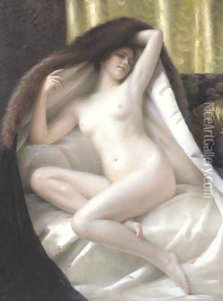 Youn Woman Wrapped in a Fur Blanket Oil Painting - Gaston Guedy