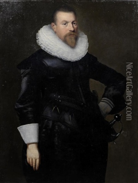 Portrait Of A Gentleman, Three-quarter-length, In Black Costume Oil Painting - Michiel Janszoon van Mierevelt