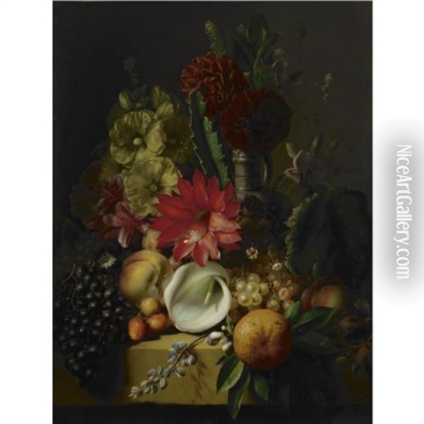 Flowers And Fruit On A Ledge Oil Painting - Jean-Baptiste Robie