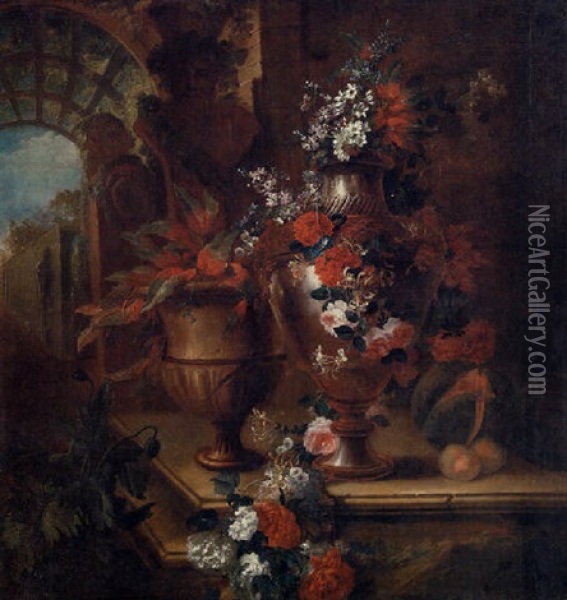 Roses, Poppies, Honeysuckle, Hollyoaks, Morning Glory, Peonies, Narcissi And Other Flowers In A Vase Oil Painting - Pierre Nicolas Huilliot