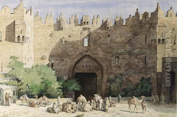 An Oriental Town Gate With Travellers And Camels Resting Oil Painting - Cornelis Vreedenburgh