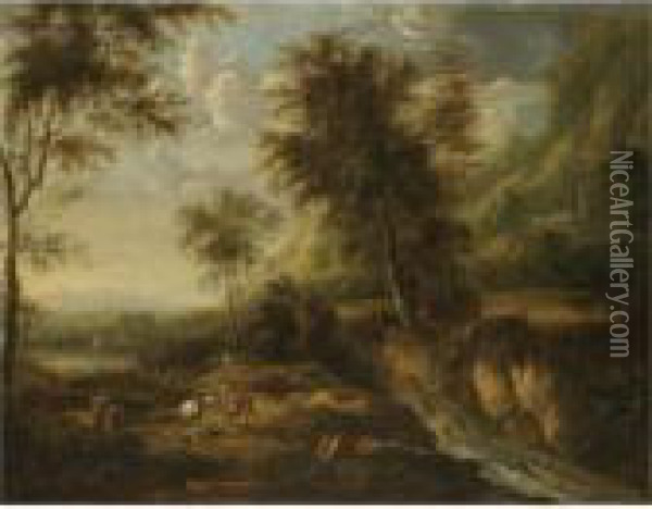 A Military Skirmish In An Expansive Wooded River Landscape Oil Painting - Frederick De Moucheron