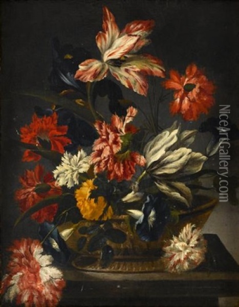 Still Life With Tulips, Peonies, And Convolvulus In A Classically Decorated Bowl Upon A Ledge Oil Painting - Jan-Baptiste Bosschaert