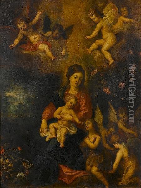 The Virgin, And Child With The 
Infant Saint John The Baptist Surrounded By Angels In A Landscape Oil Painting - Hendrik van Balen