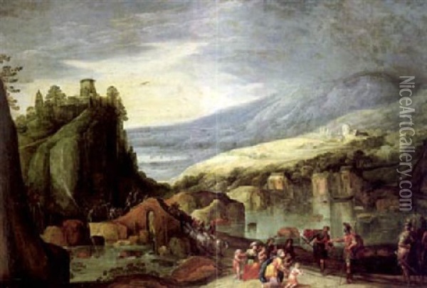 Fluslandschaft Mit Einer Burg, Windmuhlen Und Vielen Figuren Oil Painting - Joos de Momper the Younger