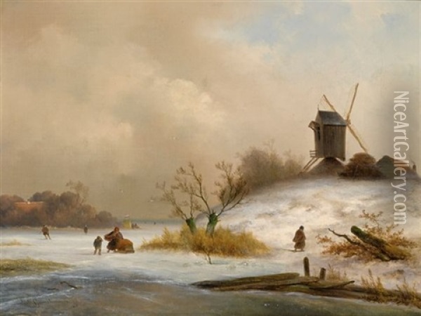 Figures In A Winter Landscape, A Koek En Zopie In The Distance Oil Painting - Johannes Franciscus Hoppenbrouwers