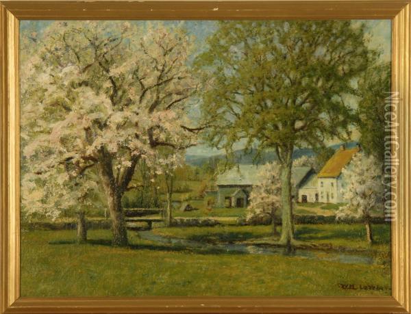 New England Farm With Cherry Blossoms Oil Painting - William Lavalley