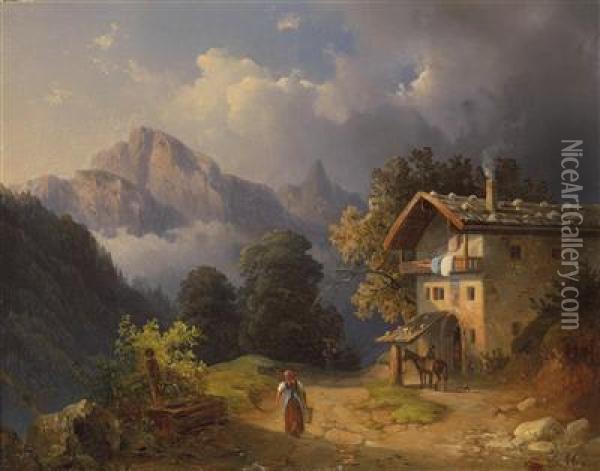 Mountain Scenewith Approaching Storm Oil Painting - Edmund Mahlknecht