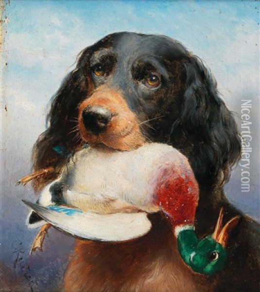 Gordon Setter With Mallard Duck Oil Painting - Carl Reichert