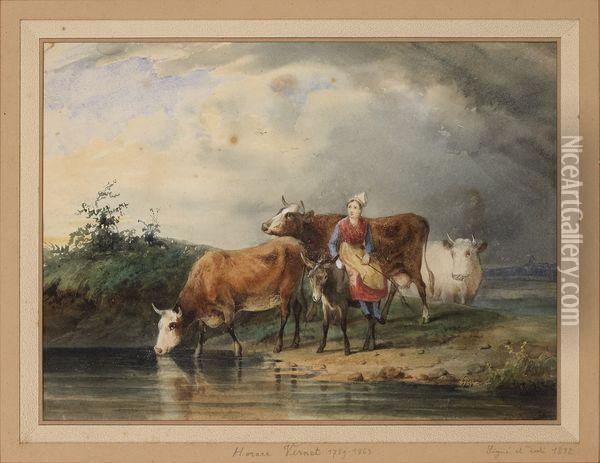 Bergere Et Son Troupeau A La Mare Oil Painting - Horace Vernet