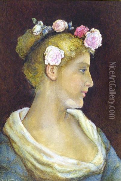 Profile Portrait Of A Beautywith Roses In Her Hair Oil Painting - Gustavus Arthur Bouvier