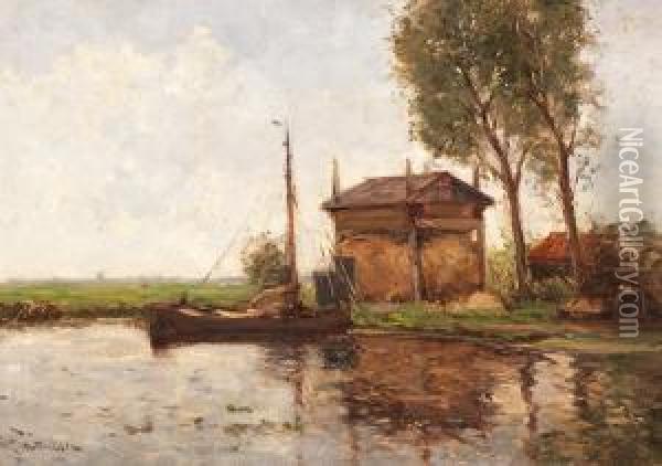 Moored Boat By A Hay Stack Oil Painting - Louis, Lodewijk Ph. Stutterheim