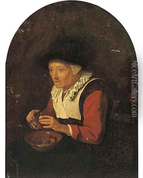 An old woman, sitting on a chair and peeling fruit Oil Painting - Gerrit Dou