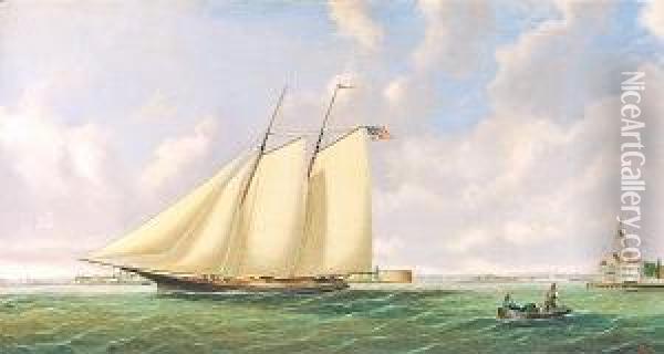 Off Governer's Island (ship Under Sail In New York Harbor) Oil Painting - Joseph B. Smith