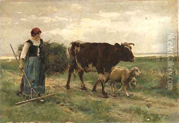 Shepherdess with a Cow and Sheep on a Path Oil Painting - Julien Dupre
