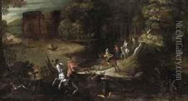 A Wooded River Landscape With A Hunting Party Oil Painting - Denys Van Alsloot