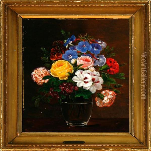 A Pair Of Still Lifes With Roses And Heartseases In A Vase On A Table Oil Painting - I.L. Jensen