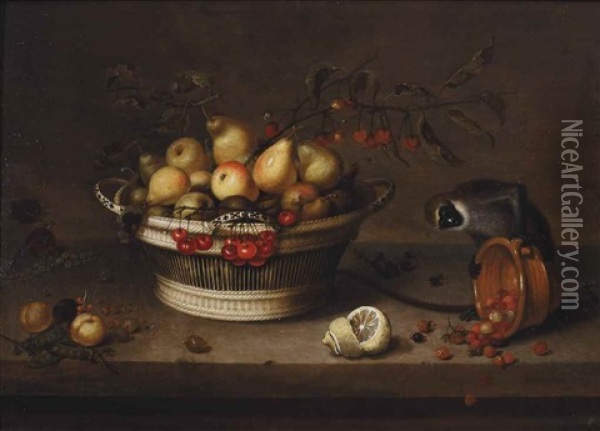 A Wicker Basket With Apples, Pears, Cherries, Plums, Peas And Currents, With A Sliced Lemon And A Monkey Overturning An Earthenware Bowl Of Wild Strawberries, On A Ledge Oil Painting - Johannes Bouman